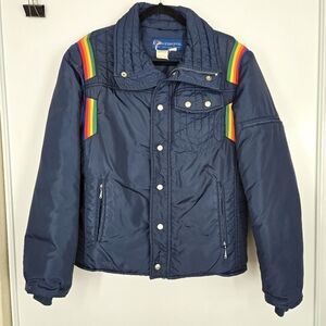 Vintage Obermeyer Ski Puffer Jacket Blue Rainbow Stripes Rare Mens Large 70s